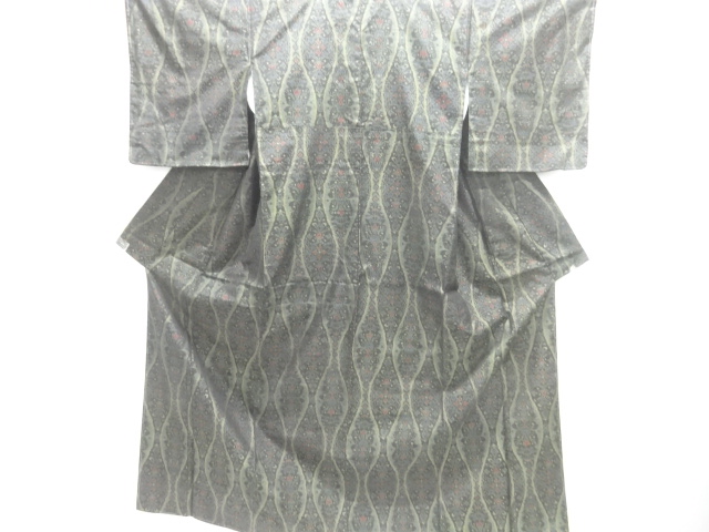 JAPANESE KIMONO / DORO OSHIMA TSUMUGI / WOVEN TATEWAKU & FLOWER PATTERN 